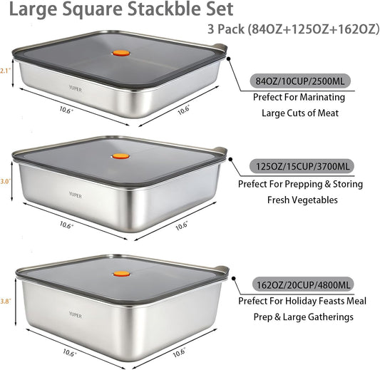 YUPER Stainless Steel Food Storage Containers, Large Meal Prep Container Sets with Lids, BPA Free, Leak Proof & Airtight, Microwave, Dishwasher, Fridge, Freezer & Oven Safe, 3 Pack (84+125+162OZ)