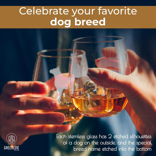 Boxer Stemless Wine Glasses (Set of 2) - Unique Gift for Dog Lovers - Hand Etched with Breed Name on Bottom