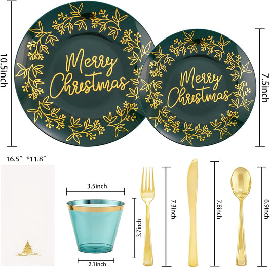 Morejoy 175Pcs Green Gold Christmas Plastic Place Setting, Includes Plates, Cutlery, Cups, Napkins, for Party