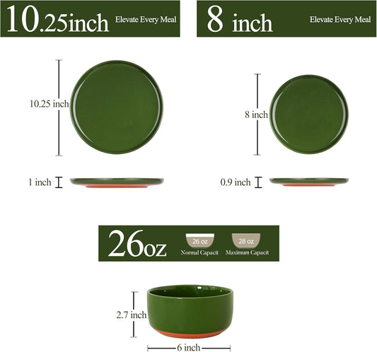 24 Piece Ceramic Dinnerware Set for 8, Modern Minimalist Stoneware Dinner Plates and Bowls, Microwave Safe, Dishwasher Safe, Versatile for All Seasons, Forest Glaze Green