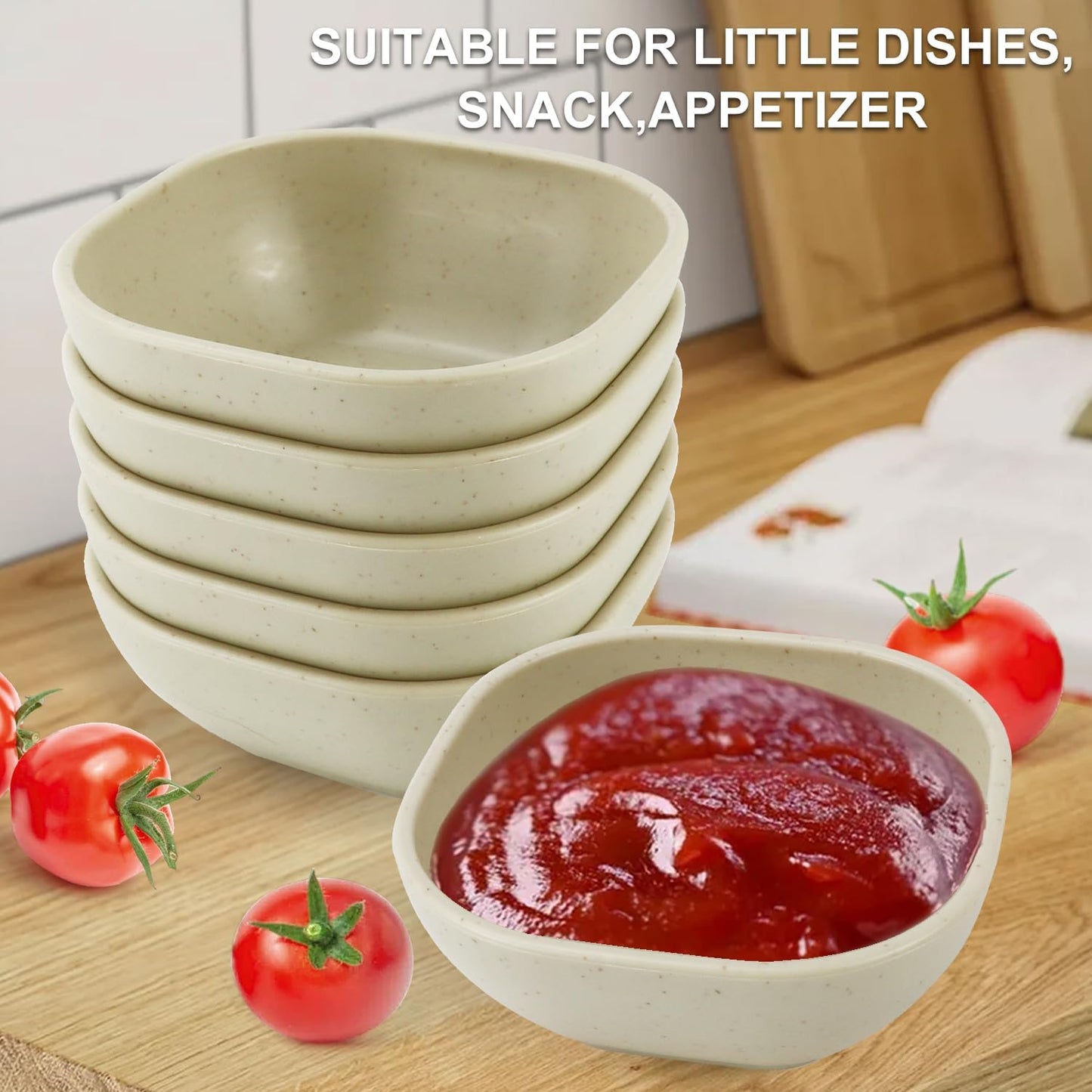 Wrova 6-Pack Wheat Straw Dipping Bowls, 5oz - Unbreakable, Microwave & Dishwasher Safe for Ketchup, Sushi, Condiments - Beige Series