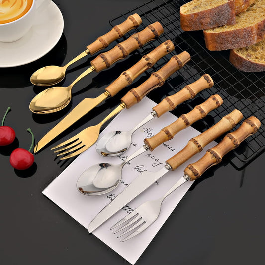 JASHII 16 Pieces Bamboo Handle Silverware Set Natural Bamboo Flatware Stainless Steel Cutlery Utensils,Service for 4, Include Knife Fork Spoon Teaspoon. - Bamboo Silver