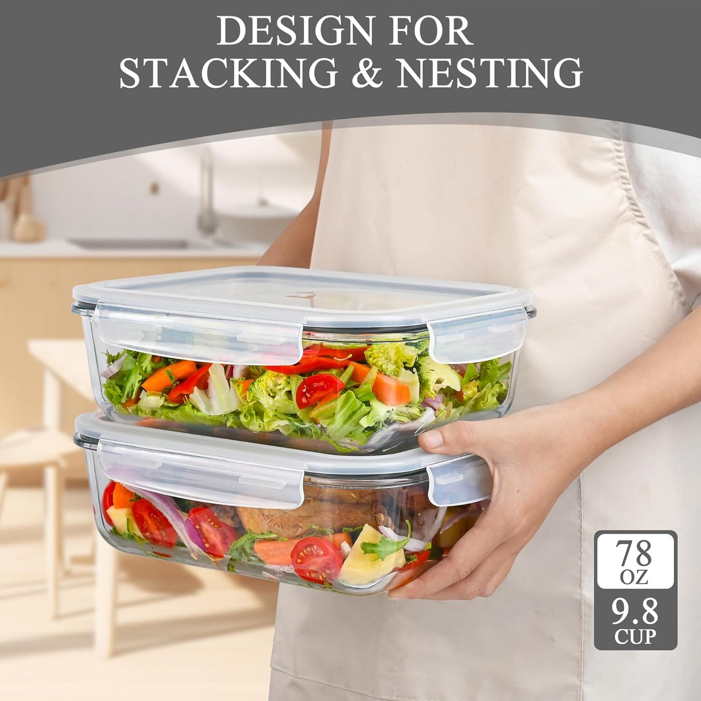 GEHE 9.8 Cup / 78 Oz Large Glass Food Storage Containers with Lids, 2 Pack Glass Meal Prep Containers Set with Airtight Locking Lids - Storing Food, Baking, Leakproof, Freezer, Microwave & Oven Safe