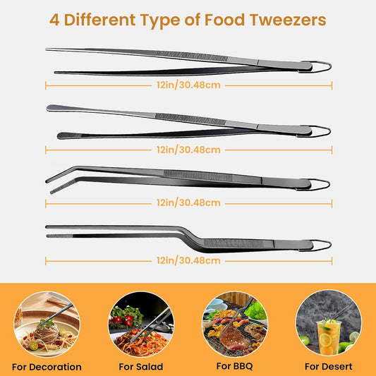 GEEKHOM 4 Pcs 12-Inch Black Heavy Duty Tweezer Tongs, Commercial Grade Stainless Steel for Grill Masters, BBQ Catering & Outdoor Cooking