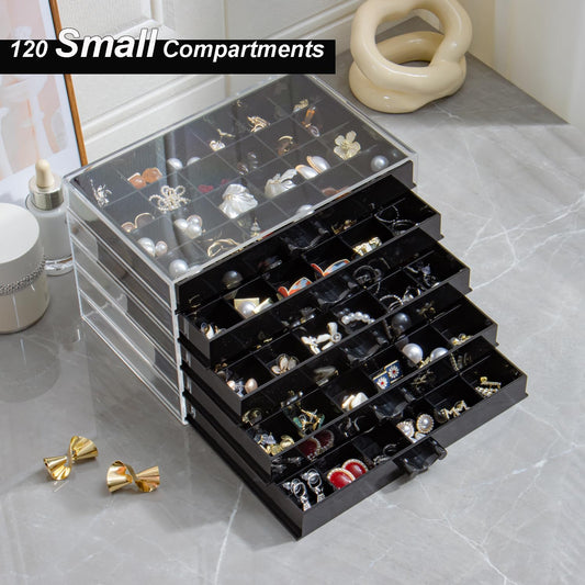 Earring Storage Box Organizer, Acrylic Jewelry Storage Box Holder 5 Drawers Transparent Jewelry Display Stand with 120 Small Compartments Gift Boxes for Women Girls (Black)