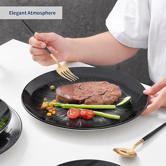 Bestone Porcelain Dinnerware Sets Service for 4, 12 pcs Hand drawn Plates and Bowls Sets, Handmade Ceramic Dish Set, Chip Resistant Modern Plate Set, Dishwasher/Microwave Safe,Black