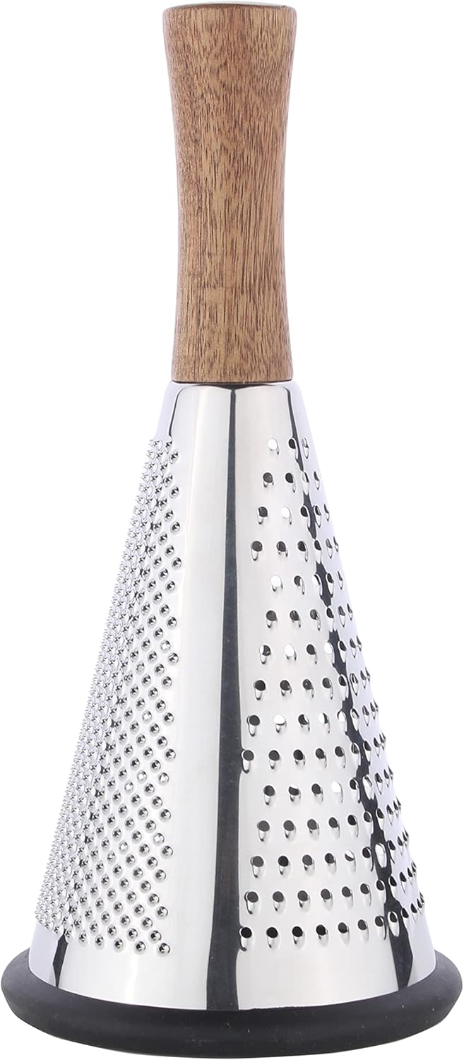 Cone Cheese Grater with Handle - Stainless Steel Triple Function Wood Handle Parmesan Shaver Non-Slip Rubber Bottom Hand Held Multifunction Vegetables Cheese Grater with container (M: 9.4" X 4.3")