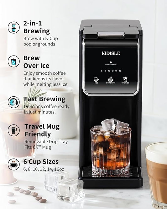 Hot & Iced Single Serve Coffee Maker, K Cup Pod Coffee Maker Compatible with Grounds, Reusable Filter, 6–16oz Brew Sizes, Large 40oz Water Tank, Easy to Use, Black