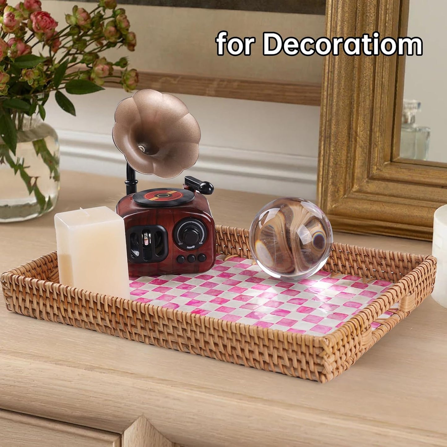 Rectangle Rattan Tray with Mother of Pearl Inlay, Rattan Serving Tray with Handle for Coffee, Bread, Fruits, Decorative Wicker Tray for Table Decor (Rectangle Pink Checkerboard, 13"×9")