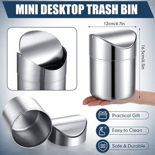 2 Pcs Desk Trash Can with Swing Lids, 12 Rolls of Trash Bags, 2L Brushed Stainless Steel Countertop Garbage Bin Small Wastebasket with Lid for Office Desk, Coffee Table(Silver)