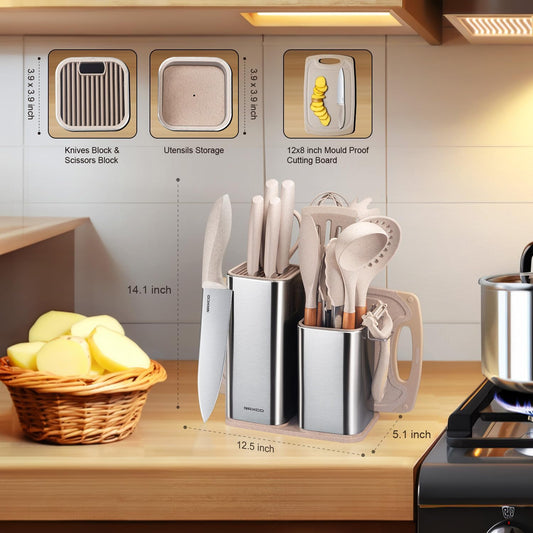 RAXCO Utensil Sets,18-Piece Knifes and cutting board,Silicone Cooking Tools and Kitchen Accessories,Straw