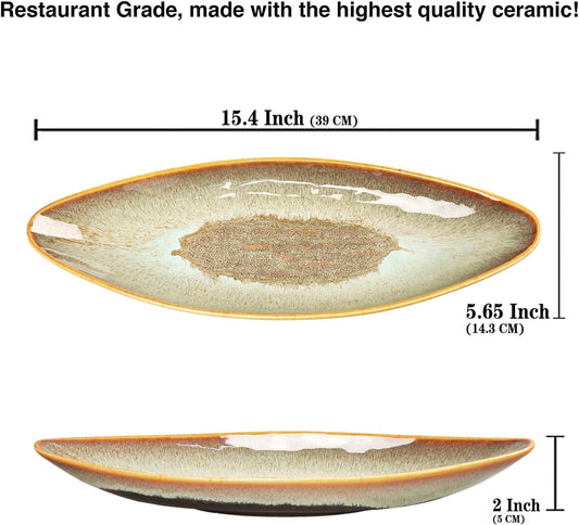 Serving Platter Olives Plate Large Tray Set of 4, For Entertaining Porcelain Trays, Salad, Appetizer, Pasta,Microwave, ovens dishwashers Safe,Brown reactive glaze 15.4 Inch