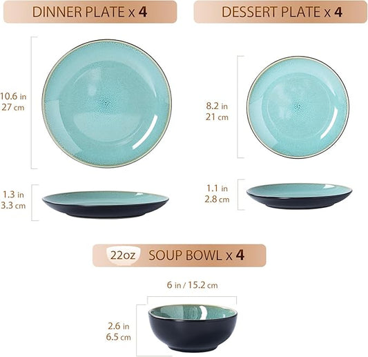Plates and Bowls Sets for 4 - CJDC-QUELO 12-Piece Stoneware Dinnerware Sets, Ceramic Dishware Set for Kitchen Use and Formal Dining, Chip and Scratch Resistant Microwave Dishwasher Safe, Green