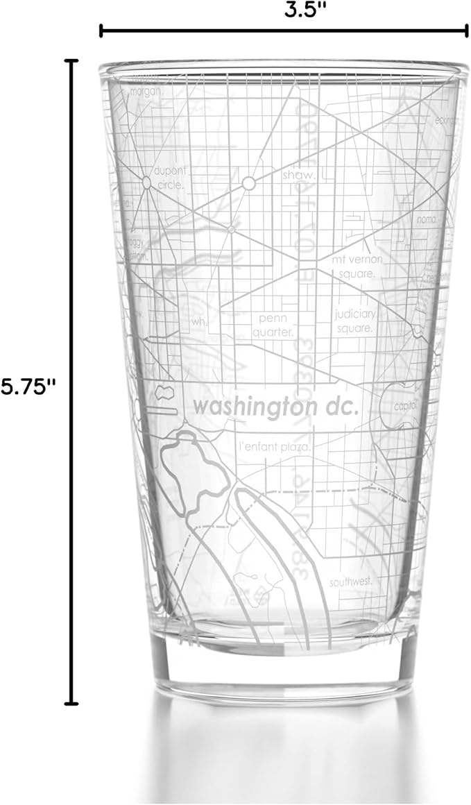 Well Told Engraved Washington DC Map Pint Glass, Etched Beer Gift (16 oz, Clear) City Map Pint, Custom City Glassware, Gifts For Beer Lovers