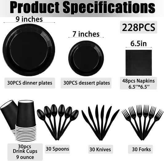 TWOWYHI 228PCS Black Party Supplies Set Include Paper Plates Cups Black Napkins Plastic Spoons Forks Knives for 30 Guests Disposable Party Dinnerware for Birthday Wedding Family Picnic