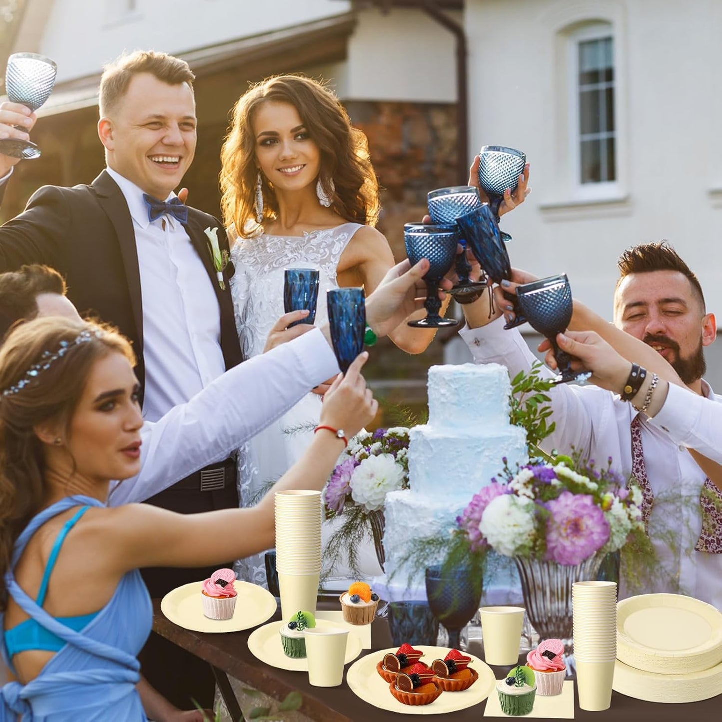 Tioncy 200 Pcs Disposable Paper Plates Cups and Napkins Party Supplies Serve 50 Guests Disposable Paper Dinnerware Set for Halloween Birthday Wedding Baby Shower Family Picnic(Yellow)