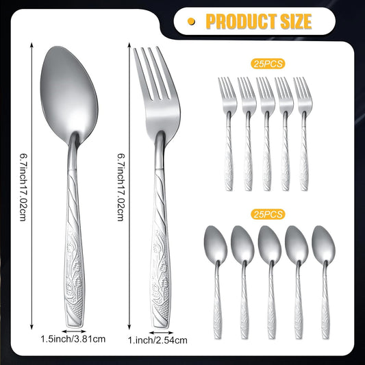 50 Pcs Forks and Spoons Silverware Set Stainless Steel Flatware Cutlery Set Heavy Duty Metal Spoons and Forks for Kitchen Utensil Dinner Restaurant Home, Mirror Polished, Dishwasher Safe(Flower)