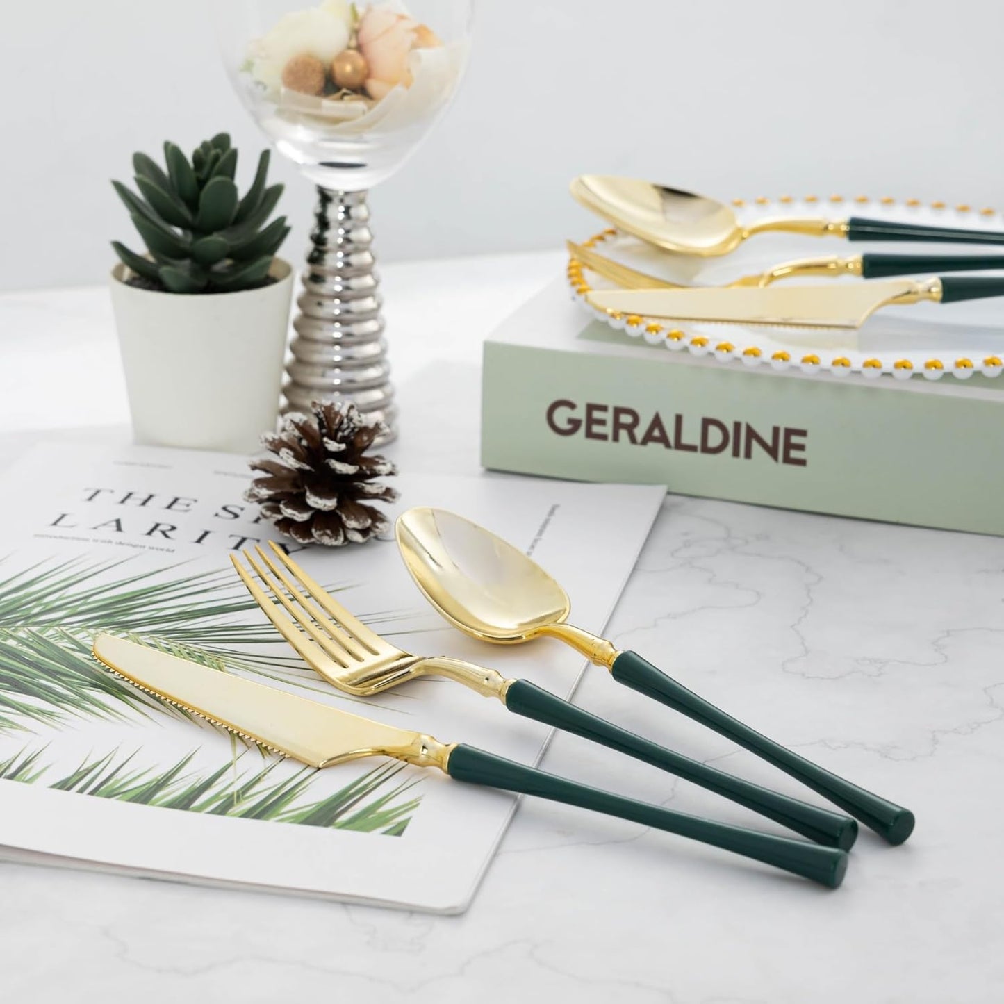 Lullaby 150pcs Gold Plastic Silverware, High End Disposable Cutlery with Dark Green Handle Include 50 Forks, 50 Spoons, 50 Knives, Elegant Silverware for Wedding, Party, Gathering and Daily Use