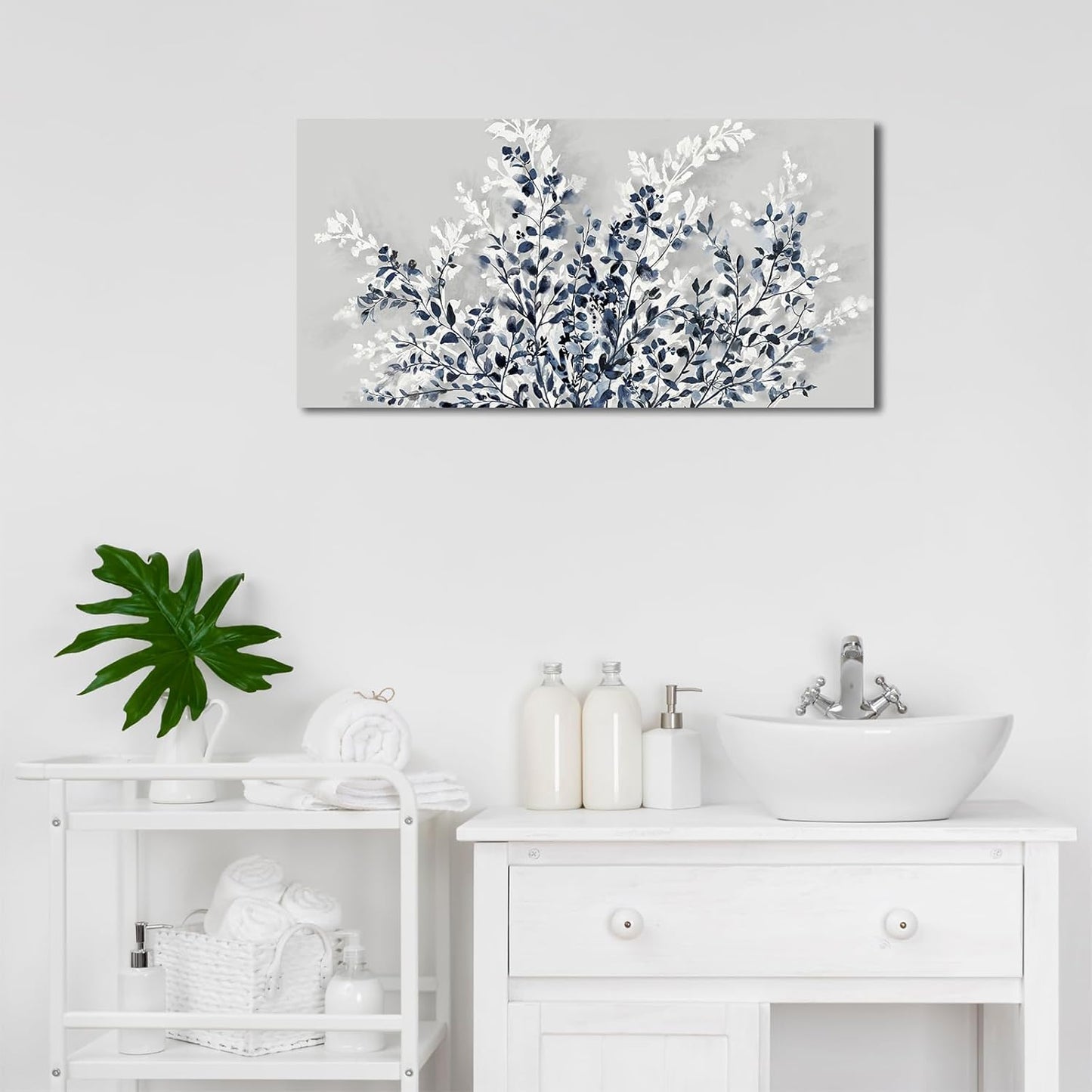 NINEASO Botanical Flowers Wall Art - Indigo Blue and White Floral Canvas Pictures Spring Blooming Painting Gray Background Printing Artwork Living Room Bedroom Home Office Wall Decor 20" x 40"