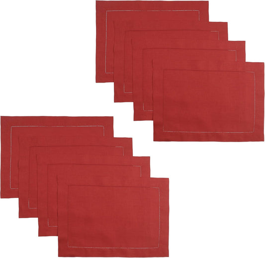 D'Moksha Homes Linen Placemats Set of 8 - Classic Hemstitch Bright Red Placemats 14 x 19 Inch - 100% Pure Linen Table Mats for Fall, Autumn and Halloween - Handcrafted and Machine Washable