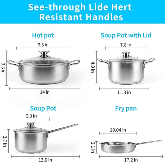 Stainless Steel Pots and Pans Set, 7-Piece Kitchen Cookware Sets with Glass Lids, Stay-Cool Handle, Oven Safe, Works with Induction/Electric and Gas Cooktops, Dishwasher