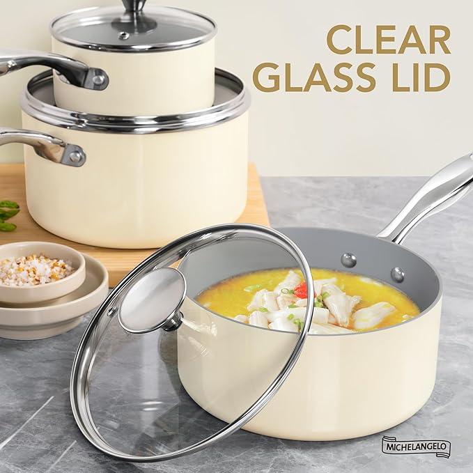 MICHELANGELO Sauce Pan with Lid, Non Stick Saucepan Set of 3-1Qt & 2Qt & 3Qt Small Pots for Cooking, Ceramic Saucepan - Non-Toxic, Scratch-Resistant, Oven Safe, Beige