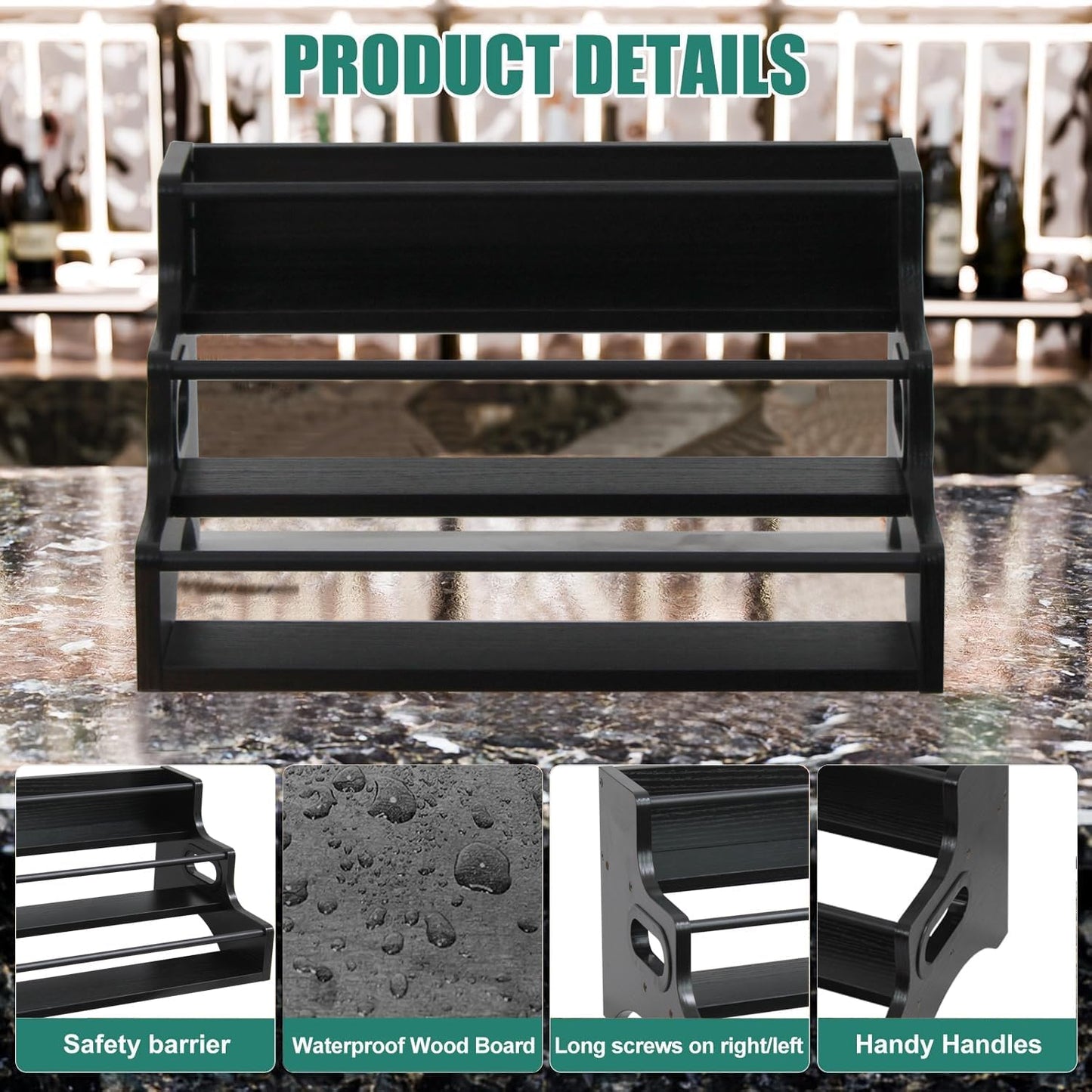 AT-VALY 3-Tier Countertop Wine Rack, Iron&MDF Kitchen Storage Shelf, Space-Saving Countertop Organizer for Spices, Herbs, Seasonings, Sturdy Stylish Condiment Holder(Black Grain)