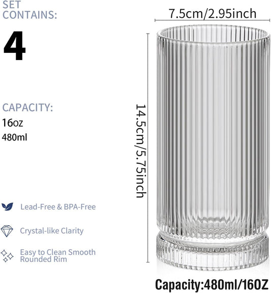 16oz Ribbed Glassware, Vintage Drinking Glasses Set of 4, Cocktail Glass Cups, Elegant Tom Collins Glasses, Highball Ribbed Glasses Ideal for Water, Iced Coffee, Juice, Beer, Milk