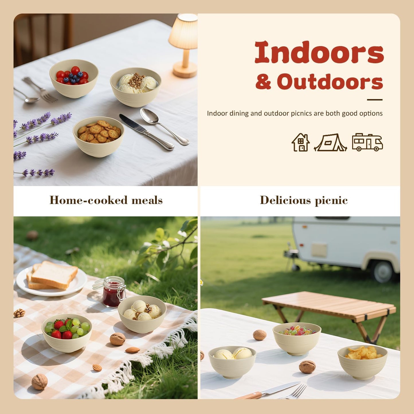 Wrova Small Wheat Straw Bowls Sets of 6,Dishwasher Safe and Microwave Safe Snack Bowls 10oz,Alternative Handy Plastic Bowls Reusable for Snack and Ice Cream.Beige Series