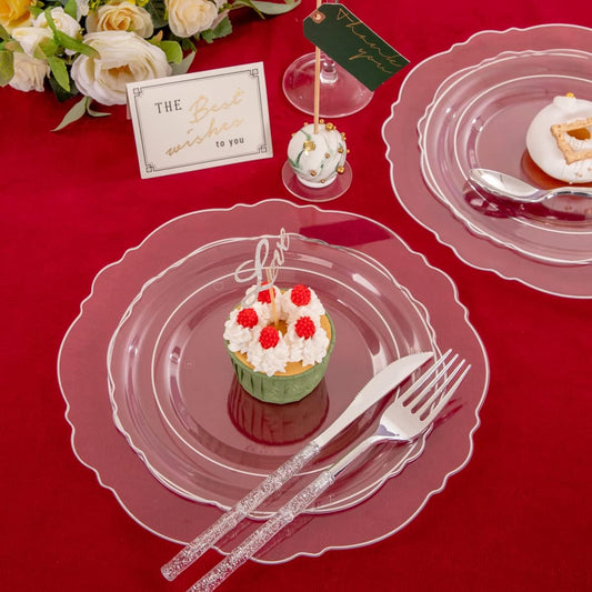 Ciaell 150PCS Clear Silver Plastic Plates & Disposable Plastic Silverware with Glitter Bamboo Handle Cutlery - Baroque Clear Silver Disposable Plates for Weddings & Parties