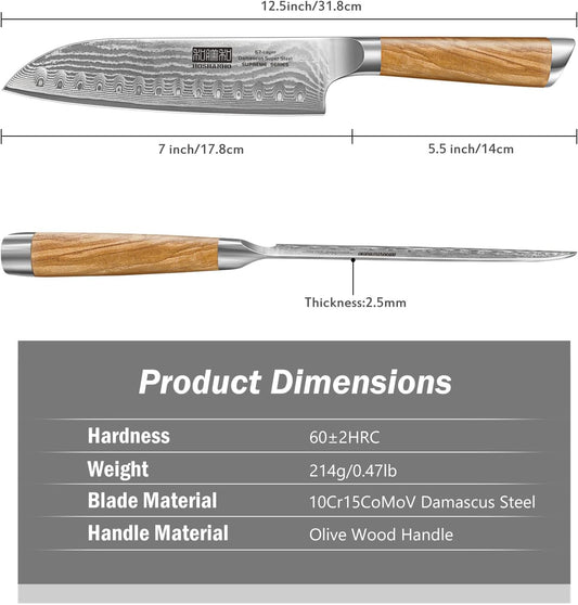 HOSHANHO Damascus Santoku Knife 7 Inch, Professional Japanese Damascus Super Steel Kitchen Knife, Sharp Cooking Knife with Durable Ergonomic Olive Wood Handle