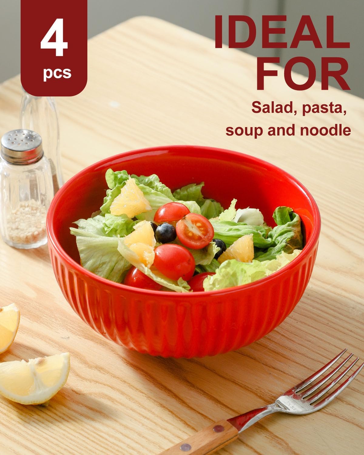 Hasense Large Ceramic Serving Bowls 42 Oz - 7 Inch Salad Bowl Set of 4 for Kitchen,Modern Ribbed Porcelain Dishes for Entertaining,Soup,Pho,Pasta,Cereal, Noodle - Dishwasher & Microwave Safe, Red