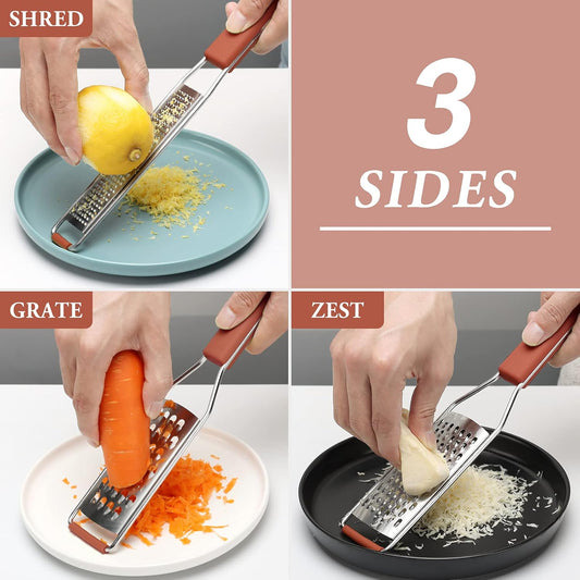 Cambom Lemon Zester Grater Three-piece Suit - Heavy Duty Kitchen Tool for Parmesan Cheese, Ginger, Garlic, Nutmeg, Chocolate, Vegetables,Fruits,Stainless Steel Grater Dishwasher Safe Red