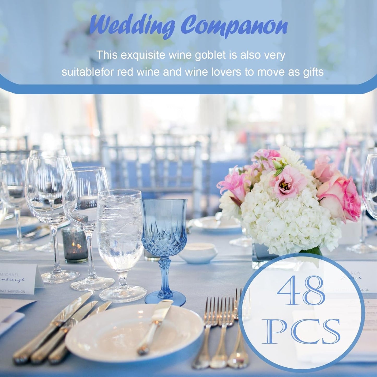 48 PCS Blue Plastic Wine Glasses,Reusable Plastic Wine Glasses,Blue Goblet Glass,Durable and Sturdy Cups Can Be Used for Various Parties Such as Weddings!