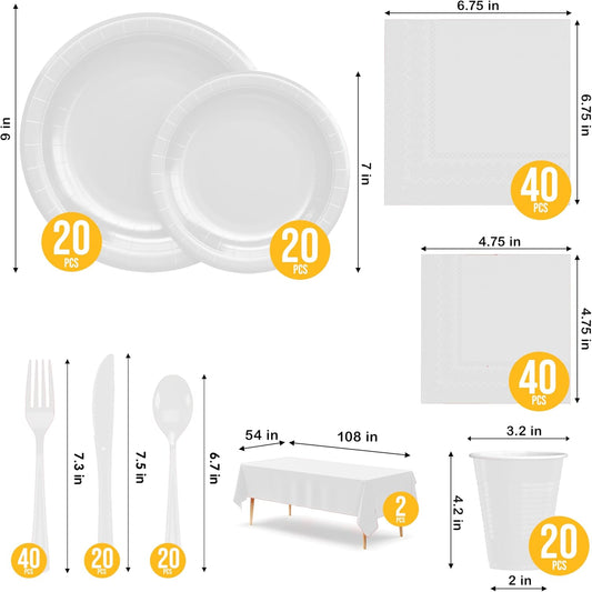 222 Pcs White Paper Plates and Napkins Sets, Disposable Plates For Party, Lunch & Cocktail Napkins Paper, 18oz Plastic Cups, Cutlery and White Table cloth Plastic Dinnerware Set