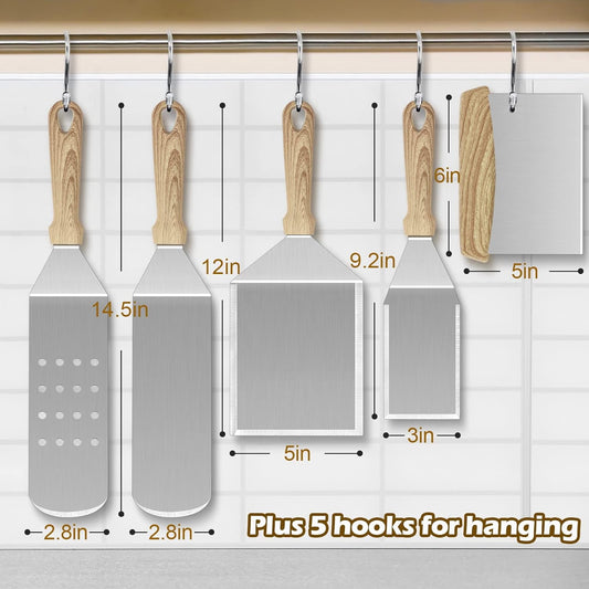 Metal Spatula Set of 5, HaSteeL Heavy Duty Griddle Accessories Kit, Durable Stainless Steel Burger Turner Flipper Scraper Tools for Flat Top Grill Teppanyaki Cast Iron, Indoor & Outdoor, Easy to Clean