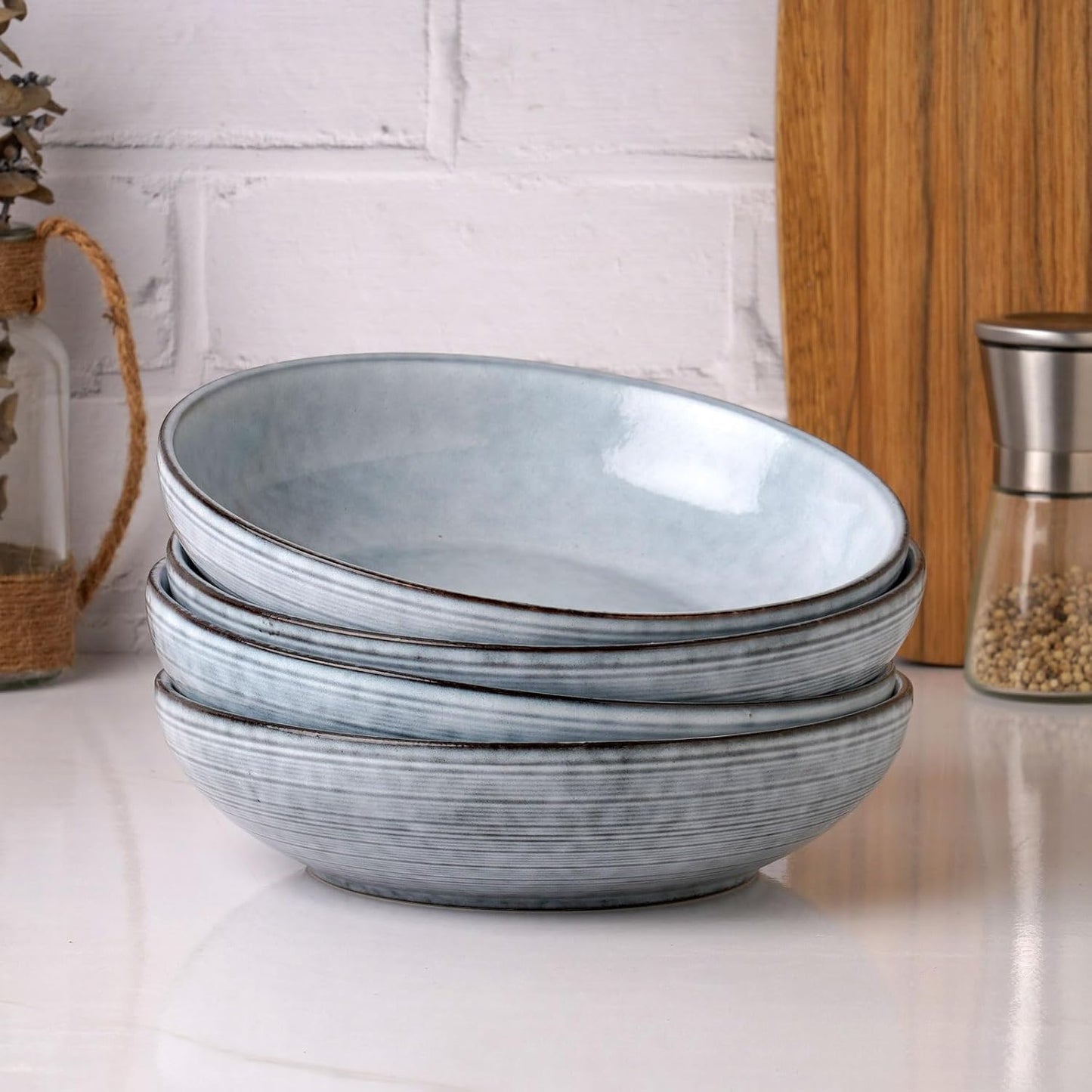 famiware Tempus Pasta Bowls Set of 4, 40 oz Bowls for Kitchen, Stoneware Deep Serving Bowls, Dishwasher & Microwave Safe Bowls for Cereal, Salad, Soup, Dessert etc - Pearl Blue