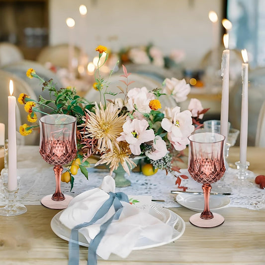 7OZ Plastic Wine Glasses, 48Pcs Rose Red Reusable Drinking Cups Vintage Champagne Flutes, Plastic Crystal Water Goblets for Parties Stemmed Shatterproof Drinking Glasses for Wedding, Toasting Party