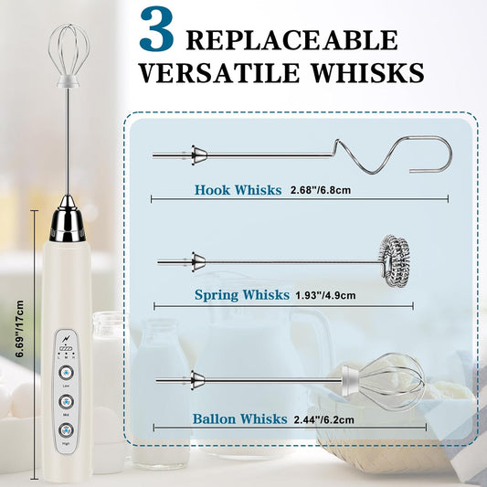 Milk Frother Handheld for Coffee, Electric Whisk 3 Speed Adjustable, Drink Mixer with Stainless 3 Whisks, Rechargeable Hand Frother Wand, for Latte Cappuccino Hot Chocolate Egg Beige