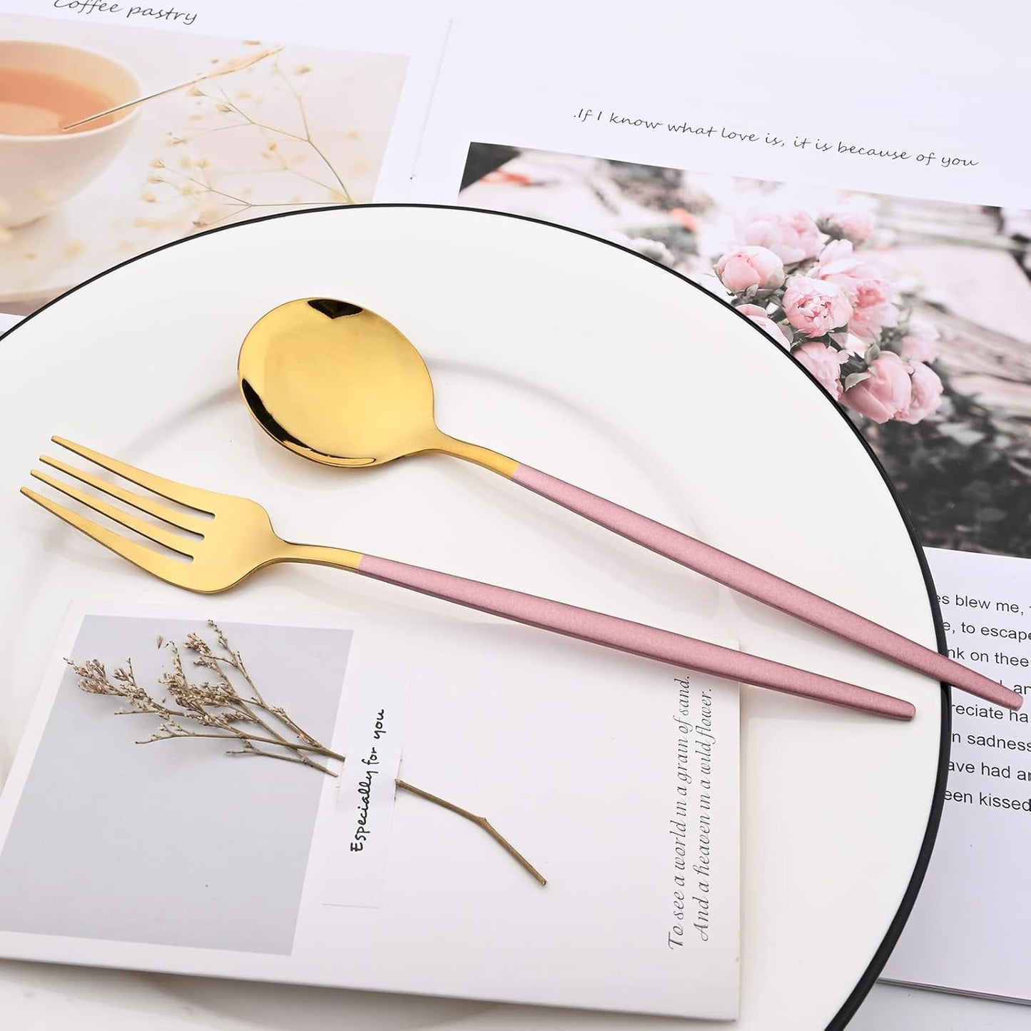 Mirror Cutlery Serving Set, 24-piece 18/0 Stainless Steel Silverware With Pink Handle Simple & Modern Tableware For Home Party Restaurant Christmas Dinner, Service For 6 (Pink Gold)