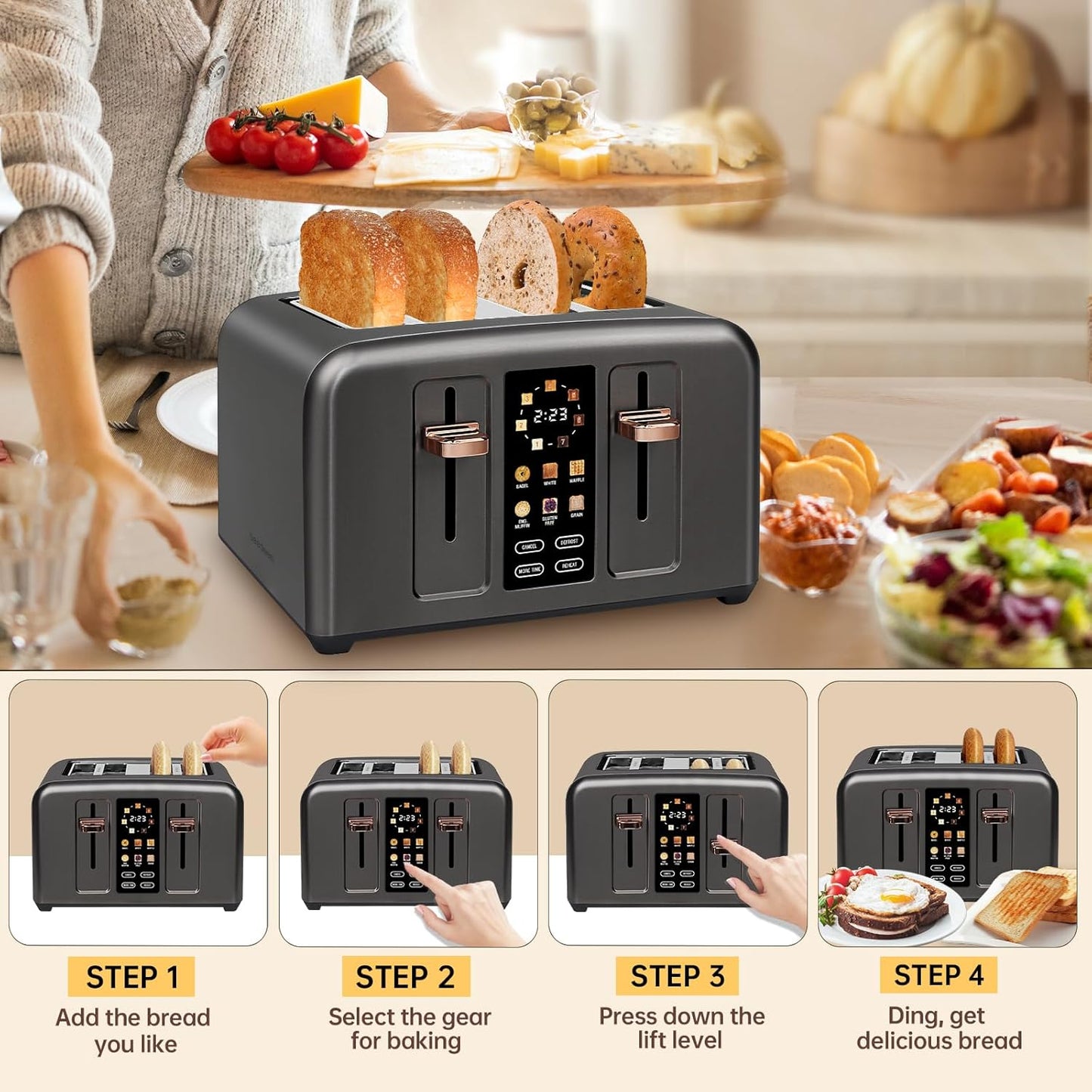 SEEDEEM Toaster 4 Slice, Full Touch control Toaster, LCD Display, 6 Bread Type, 7 Shade Settings, 1.4''Wide Slots,More Time Function, Removable Crumb Tray, 1800W, Dark Metallic