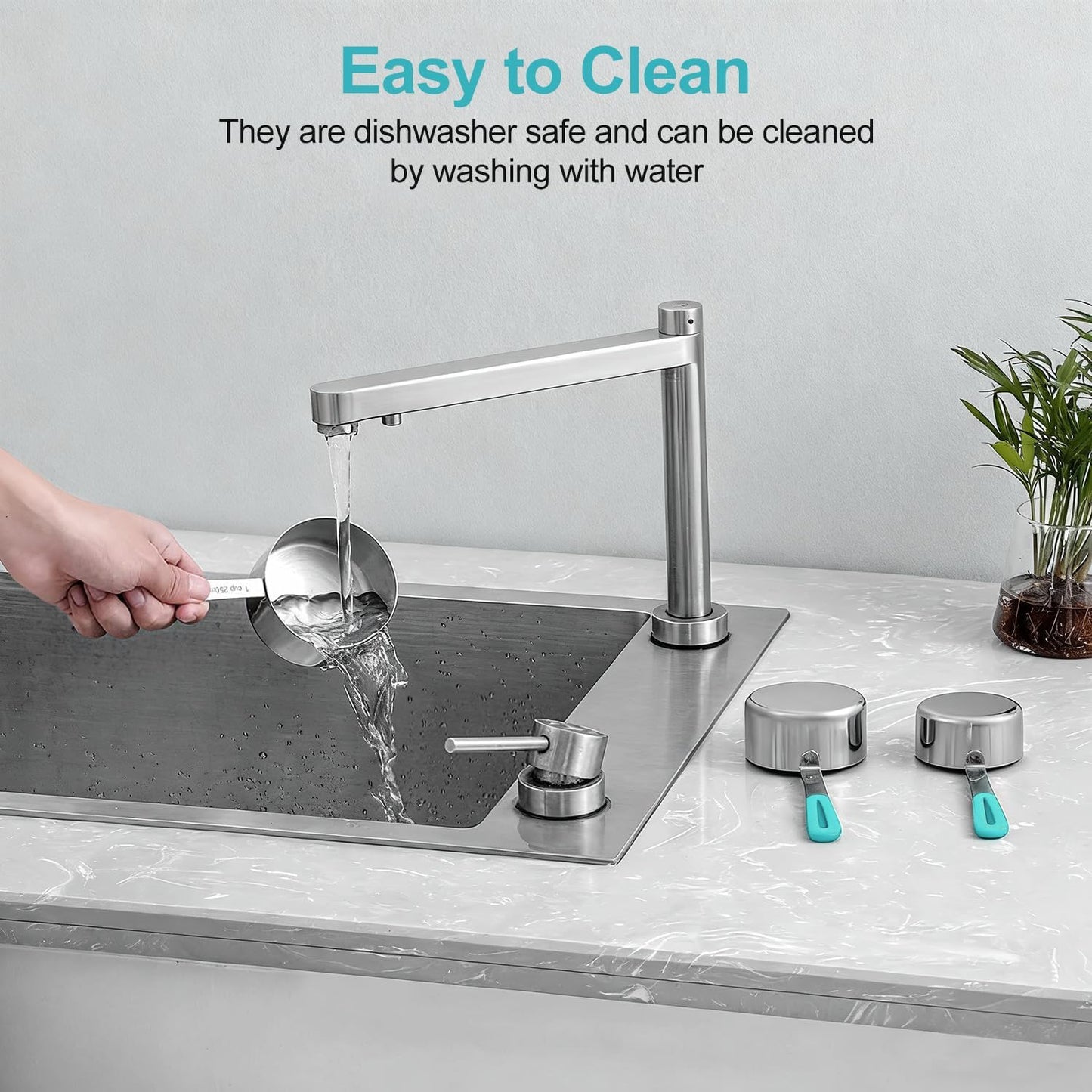 Measuring Cups and Spoons Set, Stainless Steel 10 Piece for Cooking and Baking (5 Cups + 5 Spoons, Aqua Sky Handle)