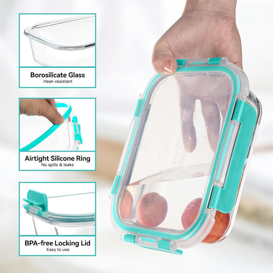 BAYZZ Glass Food Storage Containers, 5 Pack 35 Oz Glass Meal Prep Containers, Lunch Boxes with Airtight BPA-Free Lids, Microwave, Freezer and Dishwasher Safe,Green