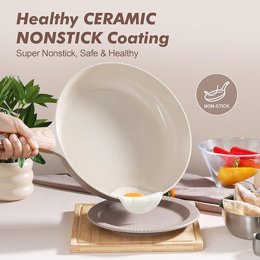 SENSARTE Ceramic Nonstick Frying Pan Skillet 11Inch Non Stick Omelette Pans, Non-toxic Healthy Kitchen Cooking Chef's Pan, Free of Intentionally Added PFOA/PFAS/PTFE, Induction Compatible, Taupe