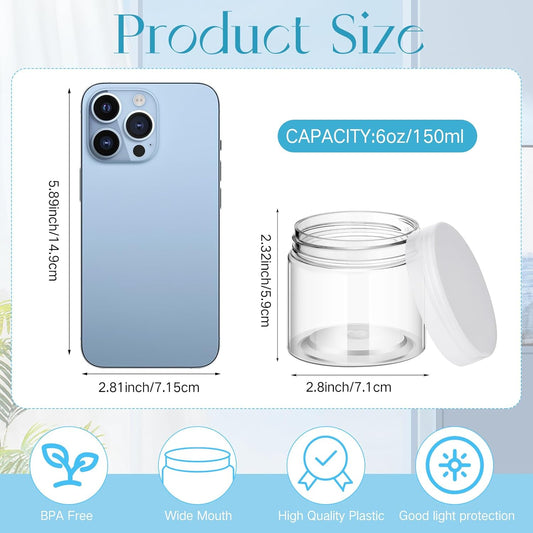 SATINIOR 6 Pack Plastic Container with Lids Small Jars Wide Mouth Round Airtight Leak Proof Container for Travel Storage, Cosmetic,eye Shadow, Nails, Paint, Jewelry(Clear,6 oz)