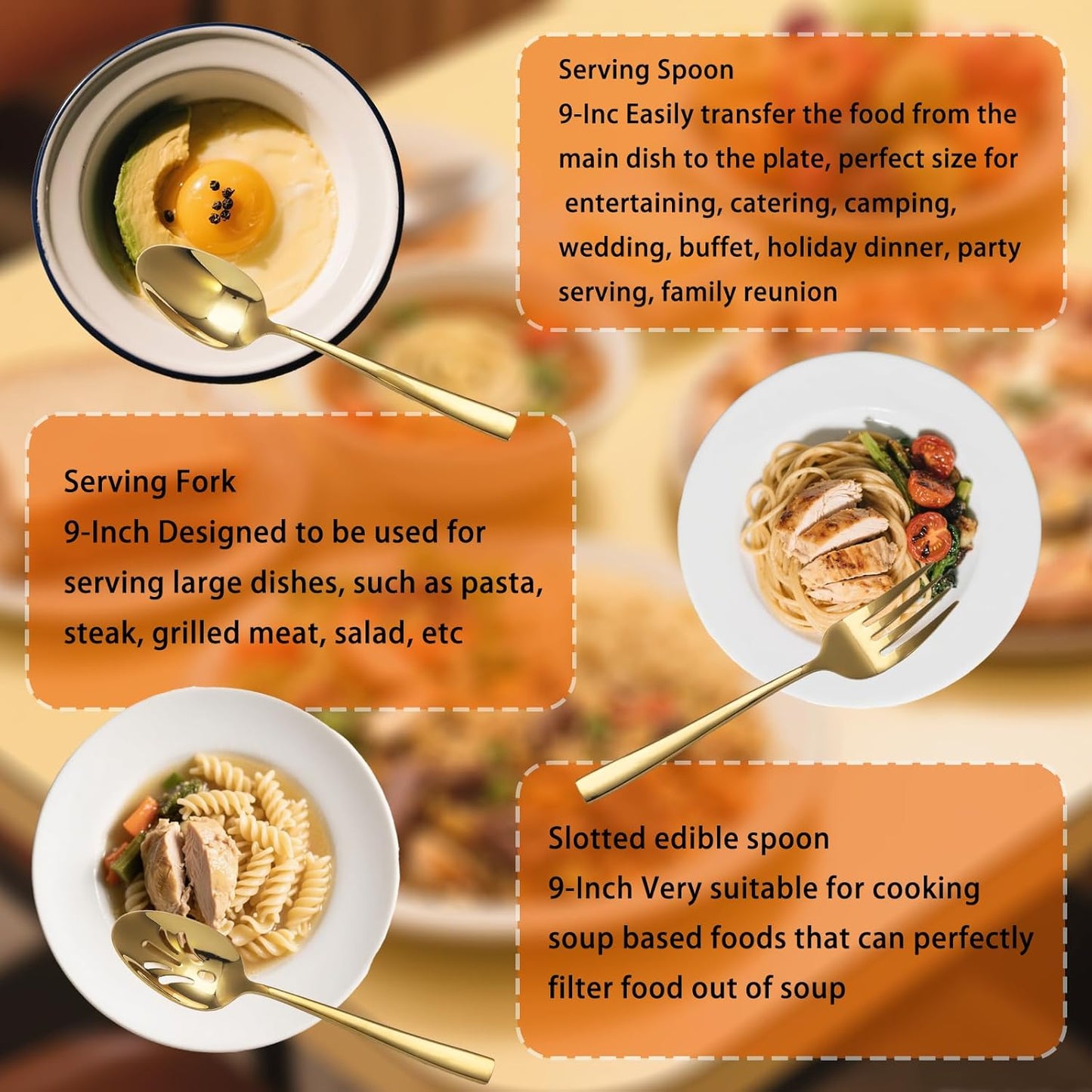 Large Hostess Serving Utensils Set, Stainless Steel Heavy Duty Serving spoons, Slotted Spoons, Serving Fork, Cake Server, Butter Knife, Dishwasher Safe (Gold)