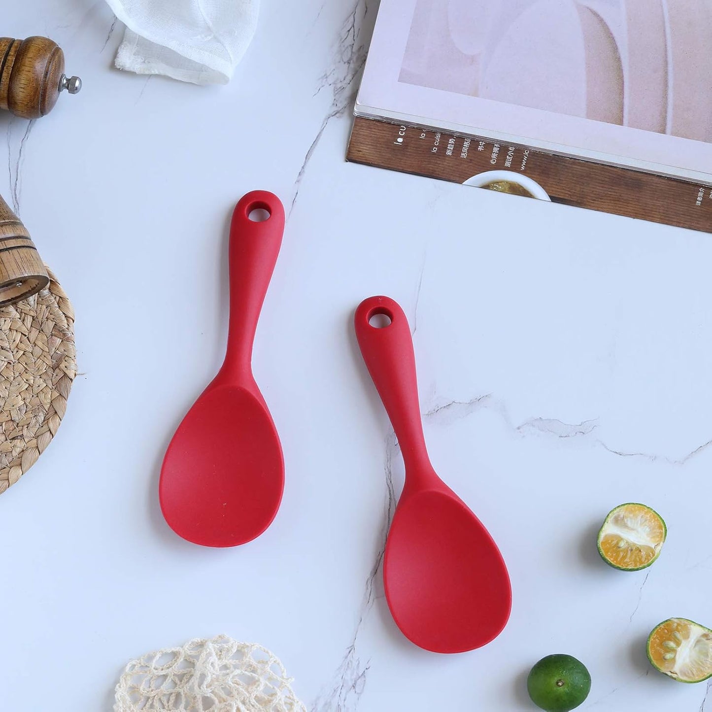Dioycli Rice Paddle Nonstick Rice Spatula Heat Resistant Silicone Rice Spoon, Kitchen Cooking Red Rice Scooper for Soup, Salads, Mashed Potato (2 Pcs)