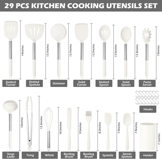 HaWare 29 PCS Silicone Cooking Utensils Set, Heat Resistant Kitchen Utensils Set with Stainless Steel Handle, Spatula Sets with Holder and Hooks, Kitchen Tools Gadgets for Nonstick Cookware -White