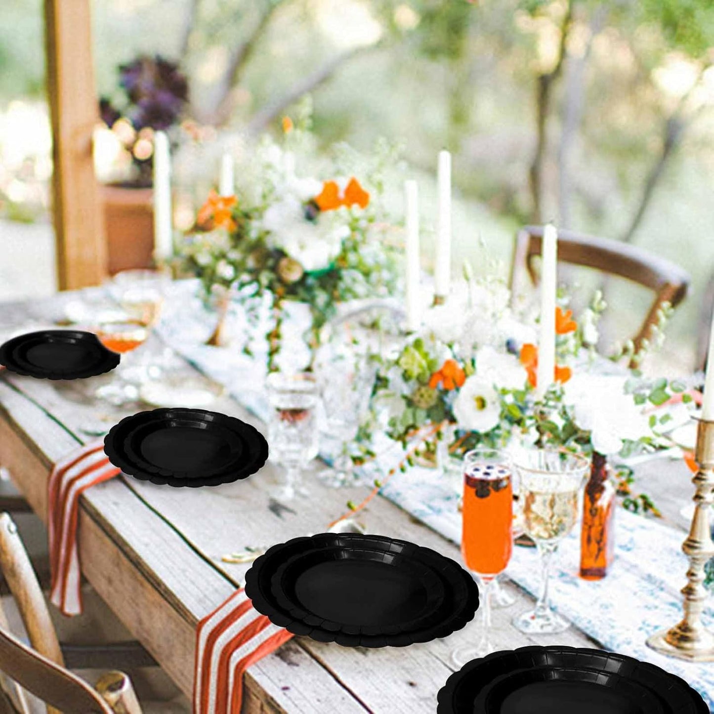 50 Pcs Black Scalloped Paper Plates 25 × 7'' and 25 × 9'' Disposable Black Scalloped Dinner Plates for Wedding Baby Shower Birthday Party Disposable Dessert Plate