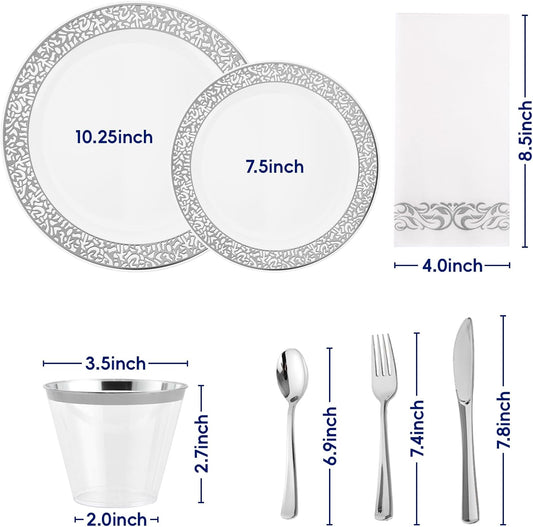 𝟐𝟏𝟎 Count Silver Plastic Dinnerware, Silver Disposable Plates, Includes 30 Dinner & 30 Dessert Plates & 30 Cups & 30 Paper Napkins & 30 Plastic Silverware Set